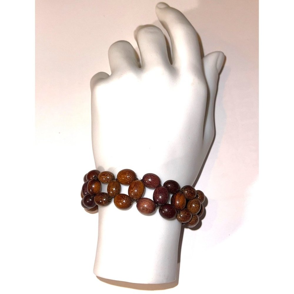 Vintage Woven Wood Bead Bracelet Fun Retro Pattern Unisex Jewelry - Picture 2 of 7